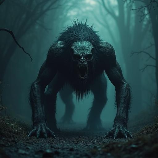 A beast with powerful front legs crawling out of darkness. The setting features a dark, foggy forest. The creature has a fierce expression. Shadows envelop the scene.