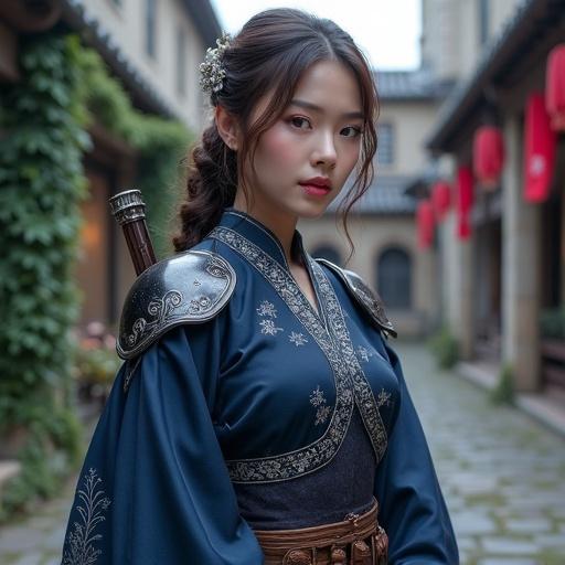 A graceful and elegant 25-year-old female senior scout stands in a medieval courtyard. She wears fitted deep indigo kimono-inspired armor decorated with silver patterns. Her chestnut brown hair has soft waves. She carries a lacquered yumi bow on her back. The background shows an ivy-covered stone fortress with a twilight sky.