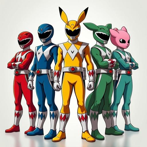 Design a Power Ranger team that is inspired by Pokémon. Red ranger is female based on Charmander. Blue ranger is male based on Squirtle. Yellow ranger is male based on Pikachu. Green ranger is male based on Bulbasaur. Peach ranger is female based on Clefairy. Suits maintain Power Ranger style without overt Pokémon elements.