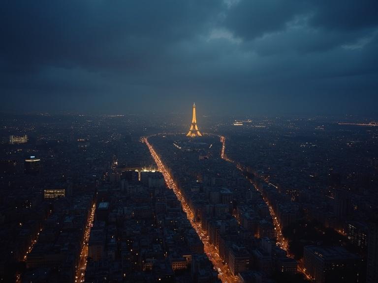 Night aerial view of Paris featuring the Eiffel Tower illuminated with streetlights. Year is 1998. Cinematic elements included.