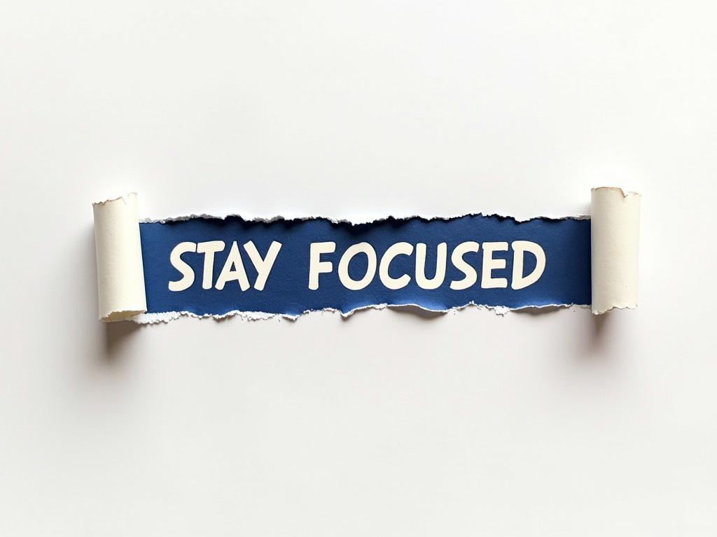 The image features a torn paper effect revealing the motivational phrase "STAY FOCUSED". The background is a clean, minimalist surface that accentuates the message. The top layer of paper is lightly rolled back, enhancing the display of the text. The letters are bold and prominent, contrasting sharply against the colorful foundation. This design emphasizes the importance of concentration and determination.