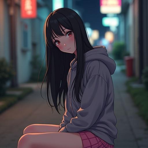 Attractive young woman sitting in alley. She has long black hair. Wearing hooded sweatshirt and pink skirt. Background filled with blurred city lights and alley.