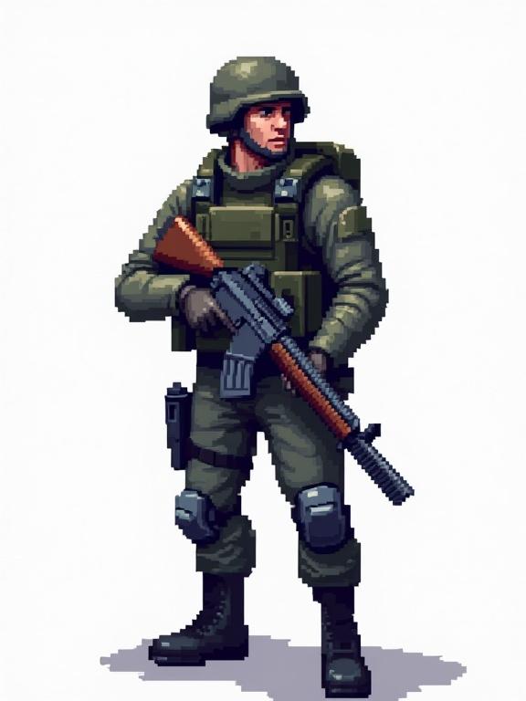 Modern soldier character in pixel art style. Holding a rifle. Side perspective view. Transparent background. 8 color palette. 128 x 128 pixel size.