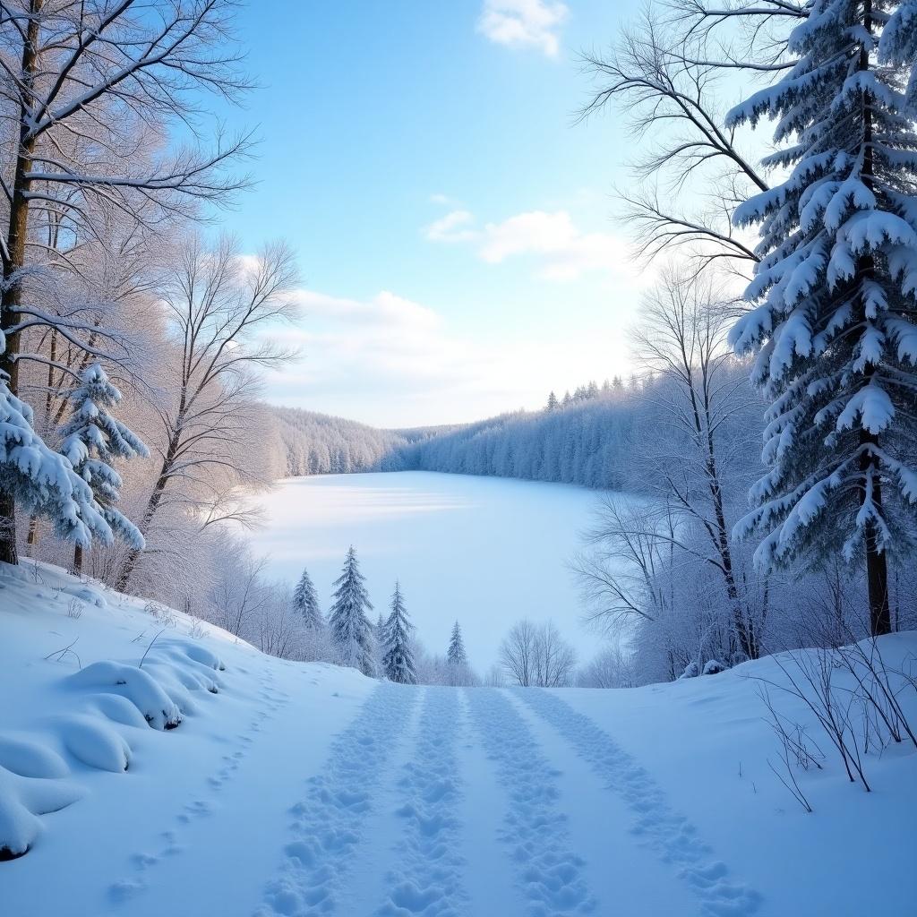 Snow-covered landscape with a frozen lake in the distance. Tall trees surround the area. The sky is bright and clear. Snowy path leads towards the lake.