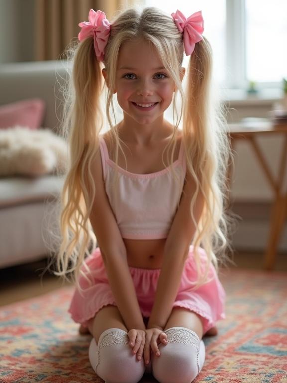 A girl with long blonde hair in twin tails wearing pink bows kneels on a colorful rug in a bright living room. She wears a crop top and short skirt, and thigh-high socks with lace. Her facial expression is happy with a smile.