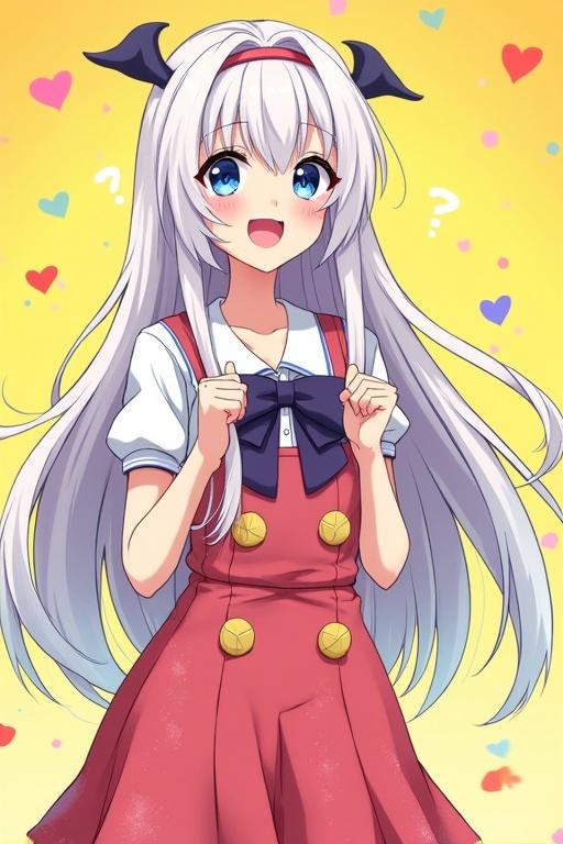 Anime style illustration features a cheerful young woman with sparkling blue eyes. She has long white hair and a curvy figure. She's in a comedic outfit, possibly a quirky dress. The background is bright and lively.