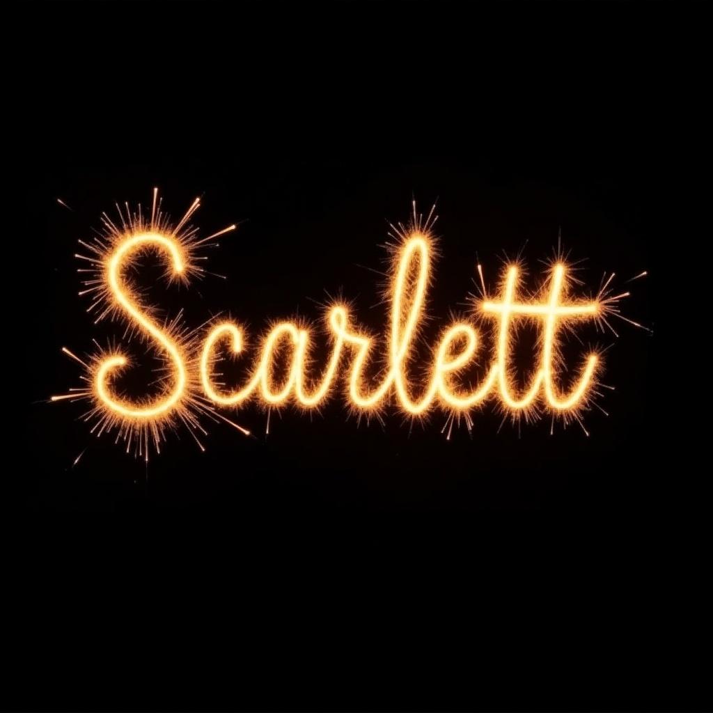 The image features the name 'Scarlett' elegantly crafted using a sparkler to create glowing letters. The text is in a swirly, whimsical style that evokes a sense of celebration. The background is solid black, which makes the golden sparkler letters pop out vibrantly. This artistic representation radiates joy, making it perfect for festive occasions like birthday parties or celebrations. The sparks spread out from the text, adding an energetic and festive atmosphere to the design.