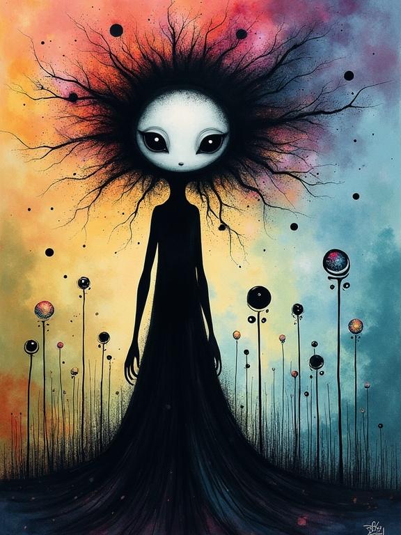 Tall figure in black with large dark eyes in a surreal dreamscape. Full color ink splash with dripping paint and ink spots. Dark whimsical and surreal theme. Concept art inspired by noted artists. Features experimental color burn and distortion effects.