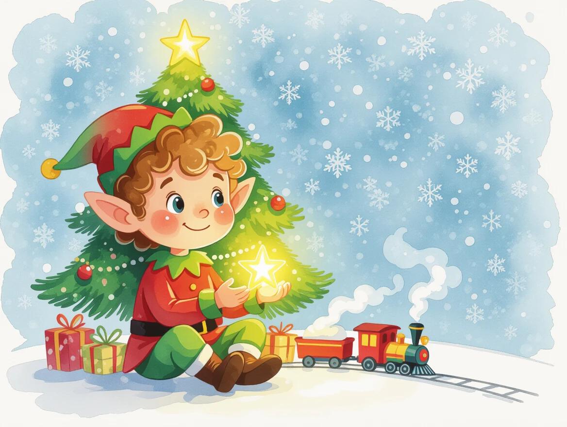 Watercolor art depicts a cheerful little boy elf sitting cross-legged. He has curly hair, pointy ears, and wears a festive red and green outfit. In front of a twinkling Christmas tree, he holds a glowing star. A toy train circles the tree. Snowflakes gently fall from a bright blue background.