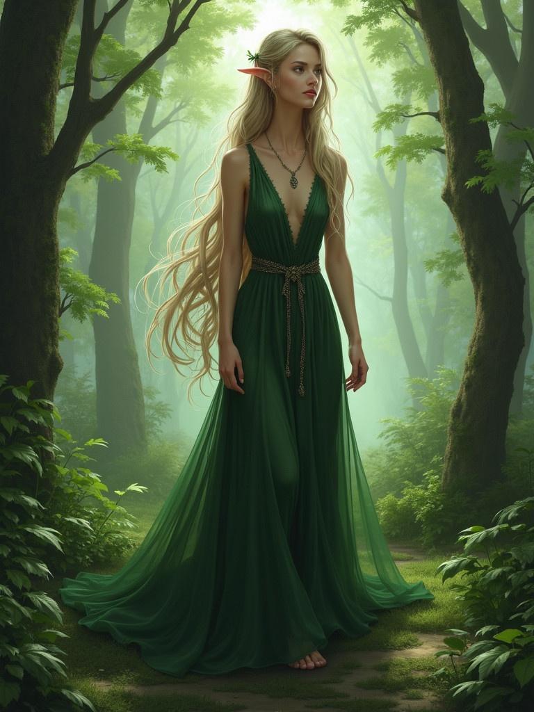 Female Elf stands in a lush green forest. Surrounded by nature. She wears an elegant green dress. Long flowing hair. Magical atmosphere created by soft lighting.