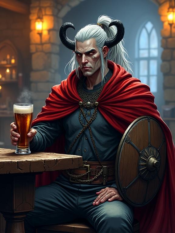 Comic-book-style digital illustration of a tall male tiefling with ash-gray skin and amber eyes. Long silver hair in a high ponytail, sleek black curved horns. Two thin scars on sharp cheekbones. Wearing chainmail, red cloak, black longsword, platte pants, leather boots, and holding a glass of beer. Sitting in an inn.
