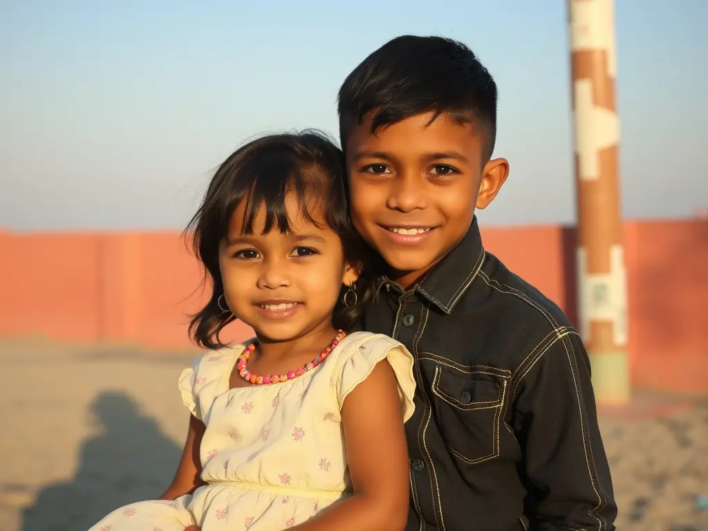 Two smiling children embrace each other in a sunny outdoor setting.