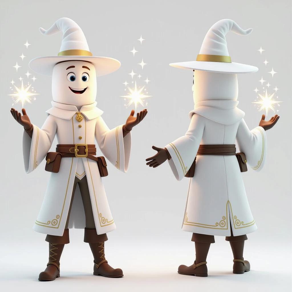 A cheerful character is modeled as an anthropomorphic marshmallow mage. The character is wearing a white robe and a pointed hat. Both hands are raised with glowing sugar spark magic. The mage stands in a neutral T-pose position. A clean white background complements the character design. The style is bright and playful like Pixar animation. This is a full-body reference sheet.