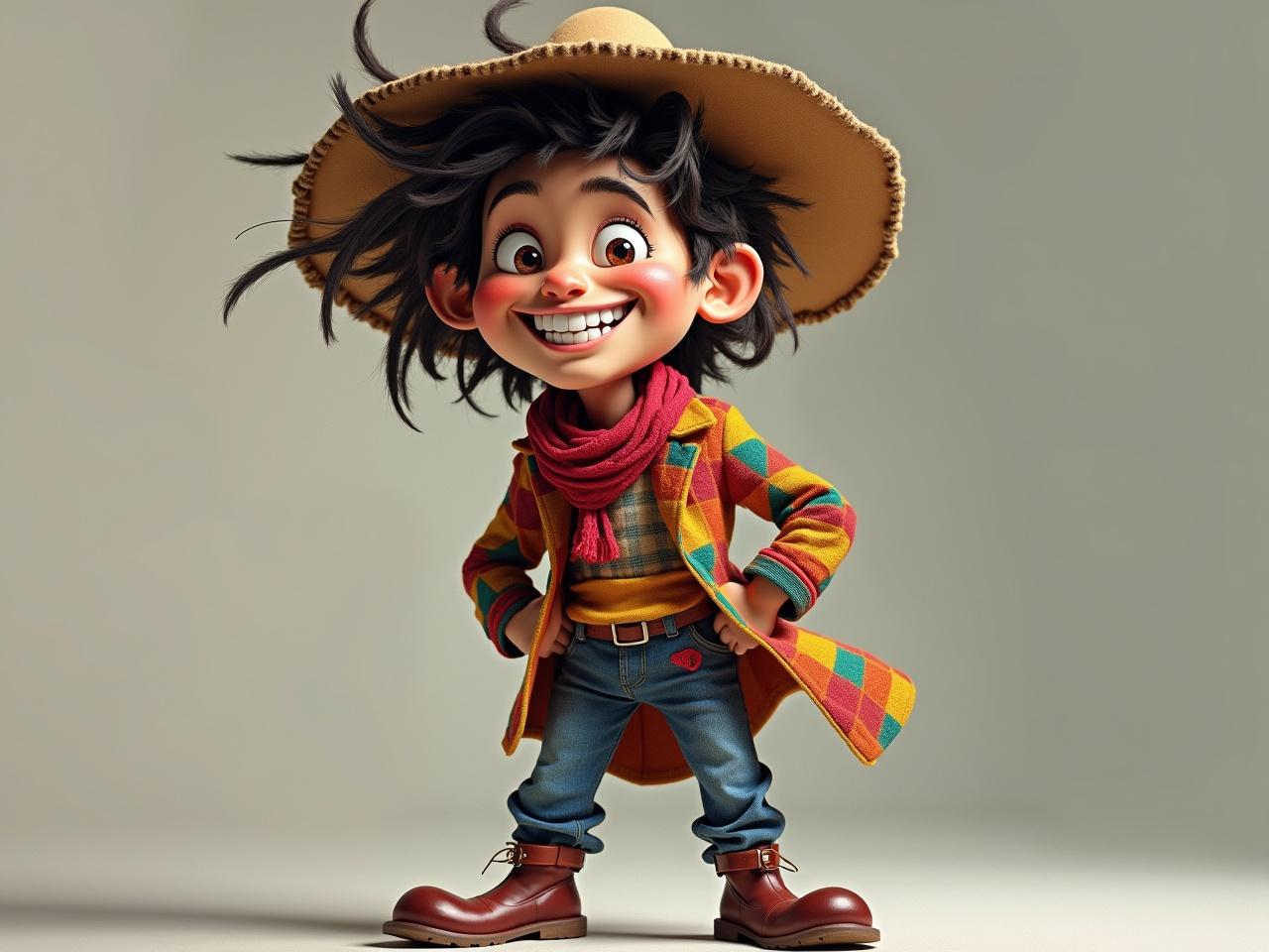 A full-body portrait of a quirky character with a big smile, dressed in colorful attire. He has wild, messy hair peeking out from under a floppy hat. His outfit consists of a checkered jacket with vibrant colors and a loosely tied scarf. The character stands confidently with an exaggerated pose, showcasing his playful personality. The background is slightly blurred, emphasizing the character's lively expression and unique style.