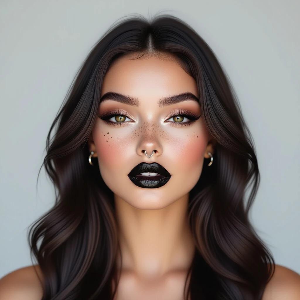 Realistic full face portrait of a young gothic woman. She has a rounded face. Full lips with glossy black lipstick. Black and dark eyes with voluminous lashes and bold eyeliner. Pale skin with brown henna freckles. Features a silver septum ring. Long dark hair flowing freely. Centered portrait with a neutral background. Soft even lighting.