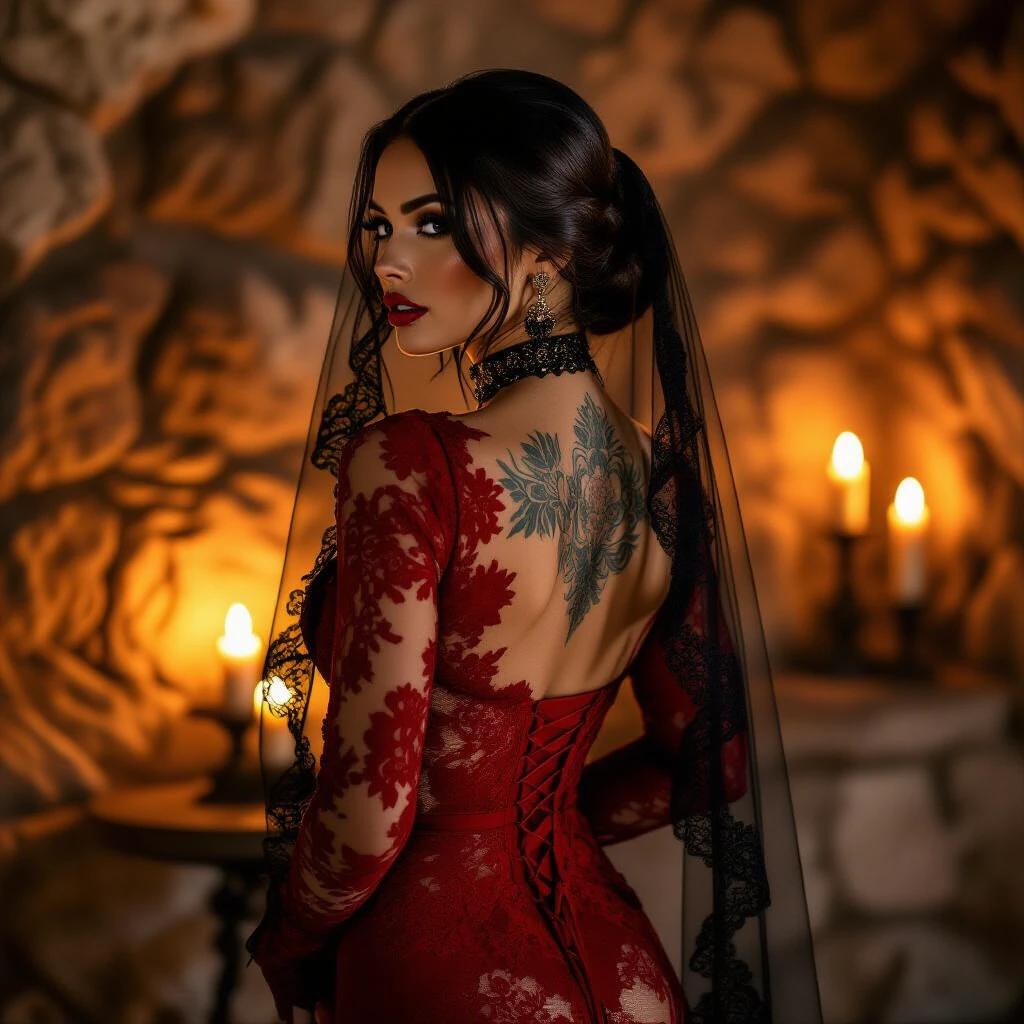 A confident woman stands in profile in a dimly lit setting. She wears a striking red lace dress that hugs her curves. A detailed tattoo is visible on her back. Candles flicker nearby illuminating the scene. A black lace veil and chunky choker add to her elegance.