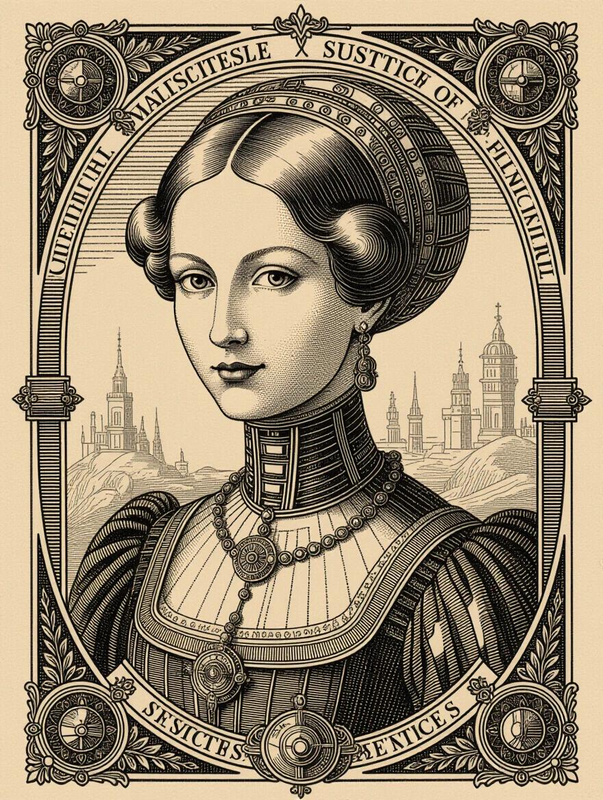 This image illustrates a futuristic Swedish woman styled as a pin-up. She stands confidently wearing a metallic gold sundress. The design evokes precision and elegance resembling Victorian technical illustrations. The artwork features intricate detailing and complex textures reminiscent of historical engravings.