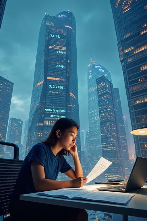Futuristic cityscape with sleek skyscraper and financial logos. Person at desk reviewing savings statement surrounded by papers and calculators. Atmosphere of modernity and financial savvy with hints of optimism.