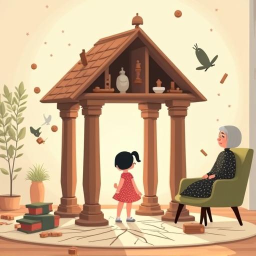 A flat-style children's illustration depicts a symbolic wooden house that is near collapse. Five carved wooden pillars support the structure, with one pillar removed. Objects such as books and toys fall chaotically. A little girl in a pink polka-dot dress stands helplessly near the house's center. The scene conveys feelings of instability and sadness using warm colors and a dreamy background.