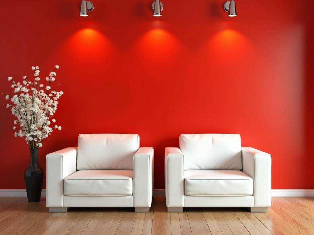 A peaceful lounge area featuring two modern white couches positioned on a warm red wall background. The couches have a sleek design, emphasizing comfort and minimalism. The walls are tastefully painted in a rich red shade that adds warmth and vibrancy to the space. A stylish wooden floor complements the seating arrangement, providing a cozy atmosphere. A tall vase with elegant white flowers adds a touch of freshness to the room. Soft lighting fixtures above enhance the overall ambiance, creating a welcoming environment.