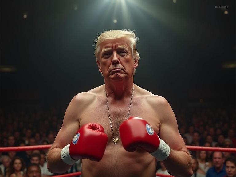 depiction of a shirtless boxer in a boxing auditorium looking dizzy with red gloves and a focused crowd