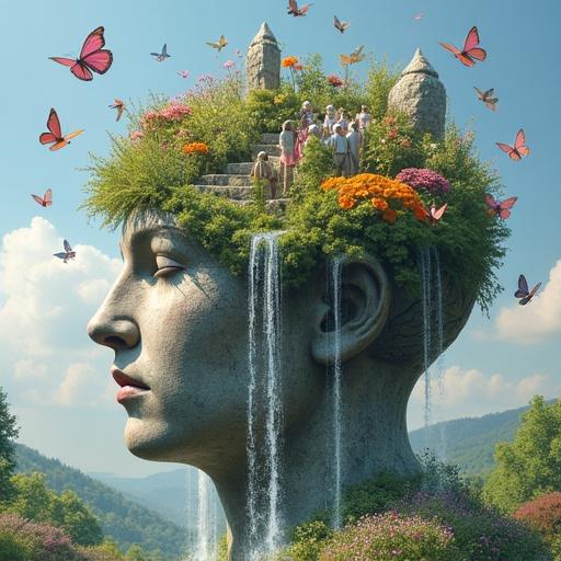 Open human head made of stone. Vibrant flowers and waterfalls inside. Tiny people living in the brain. Butterflies fluttering into the sky. Peaceful nature and surreal imagery symbolizing imagination and consciousness.