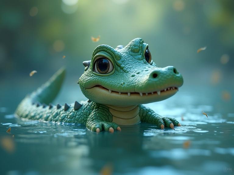 Charming crocodile with head above water rendered in a storybook style. Features ornate details in a fantasy setting with volumetric lighting and friendly colors.