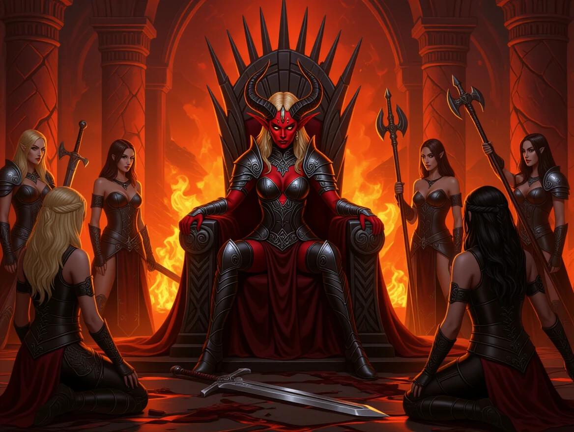 Demon queen with red and black skin sits on a grand throne. She has golden eyes and horns. Women around her wear leather and perform a ritual. Scene set in a majestic throne room with lava surrounding them. The atmosphere is dark and intense. A blond female Paladin kneels before the throne with a broken shield and sword on the ground.