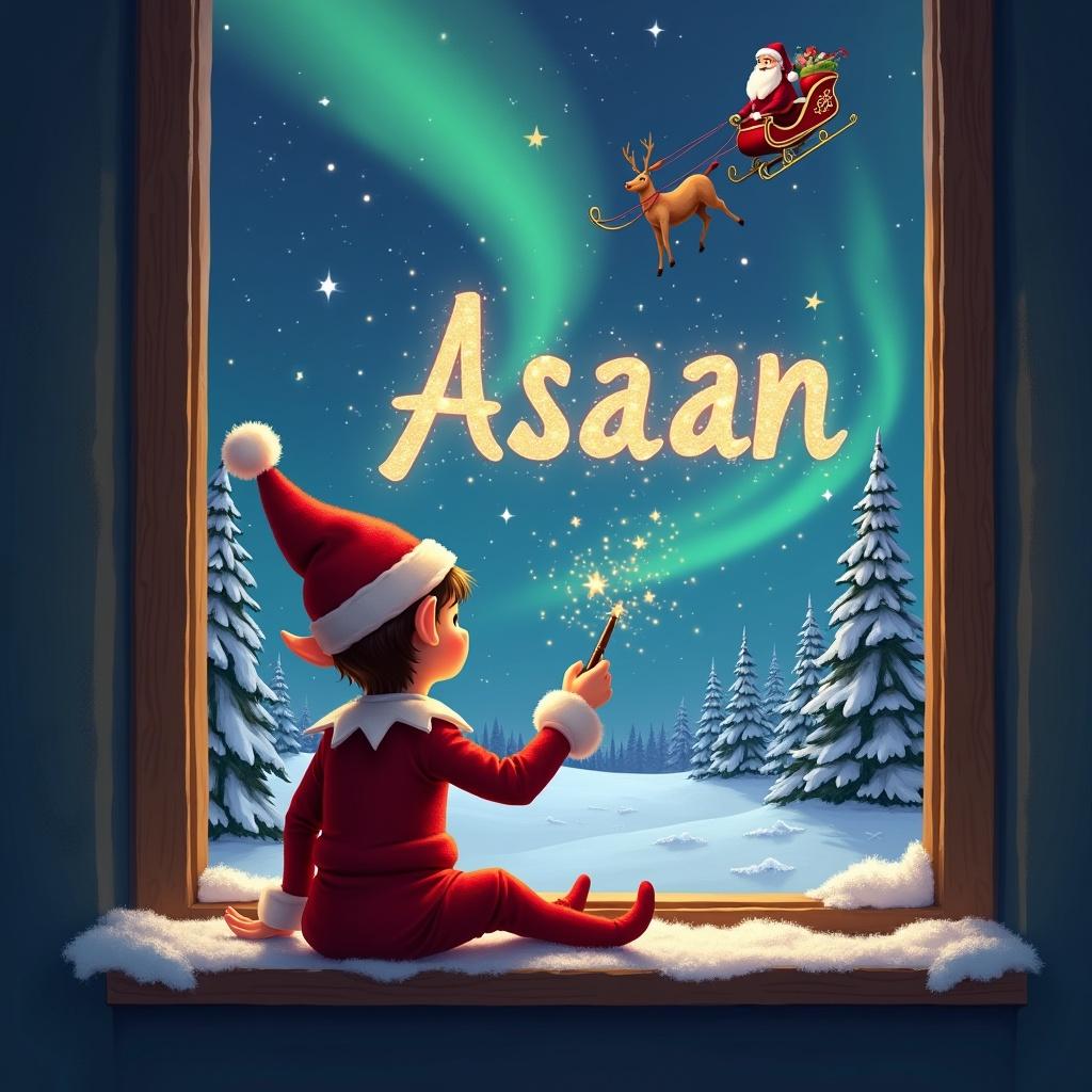 The image illustrates a charming scene of a brown elf seated on a window ledge. He faces the night sky, using a wand to inscribe the name 'Asaan' in sparkling, shimmering letters. Surrounding him is a delightful Christmas landscape with twinkling stars and vibrant northern lights illuminating the night. In the background, Santa Claus in his sleigh glides through the sky, enhancing the magical ambiance. The elf is attired in a traditional red outfit complete with a pointed hat, embodying the spirit of the holidays.