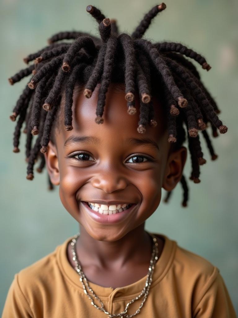 Child has medium length dreadlocks. Simple background in muted colors. Child wears a relaxed shirt. The image focuses on the hairstyle. No facial features are visible.