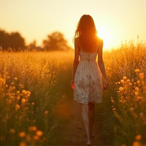 A girl walks barefoot through a glowing meadow during golden hour. She has red hair and wears a flowing sundress with floral patterns. The scene captures a moment of beauty and tranquility as she walks away from the camera.