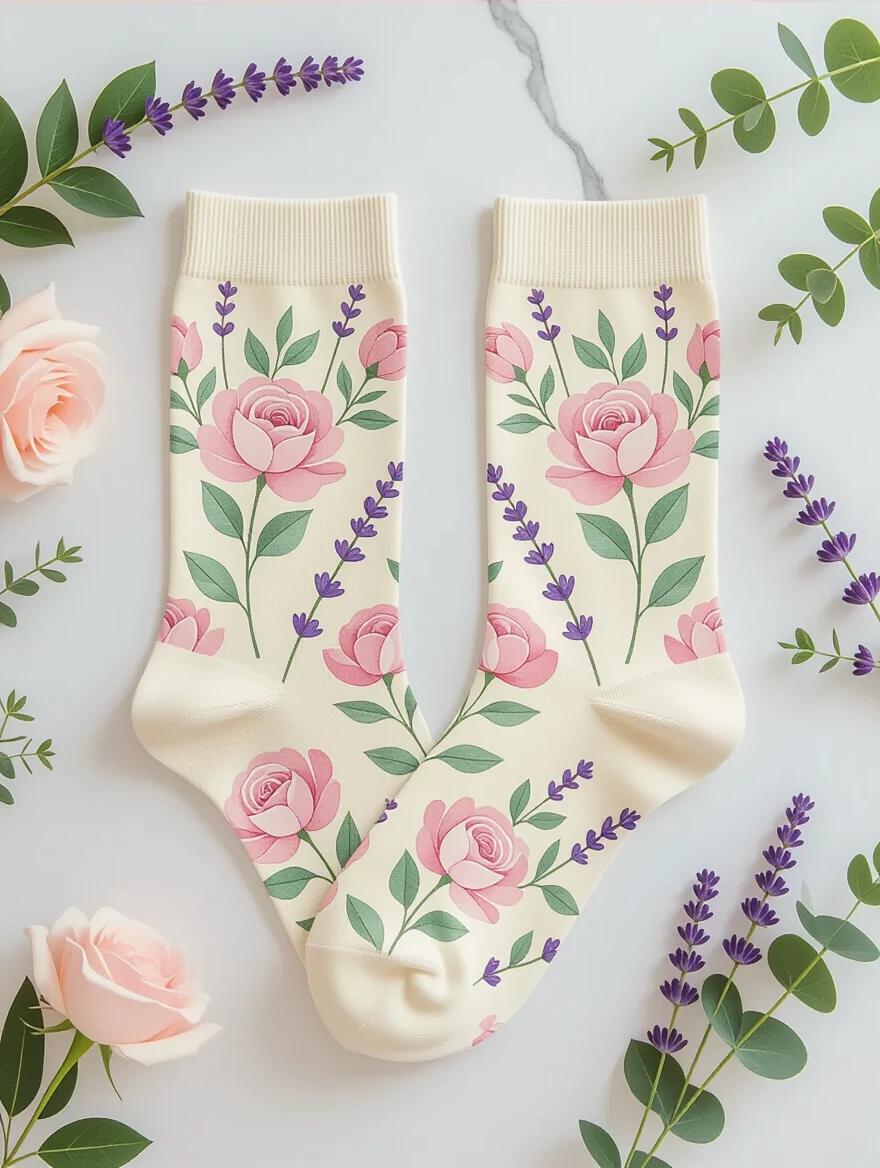 Artistic photo of women's crew socks with hand-painted floral design. Cream-colored socks with pink roses and purple lavender. Displayed on a marble surface with real flowers around. Soft natural lighting. Shot at a slight angle with shallow depth of field. Fine art photography style.