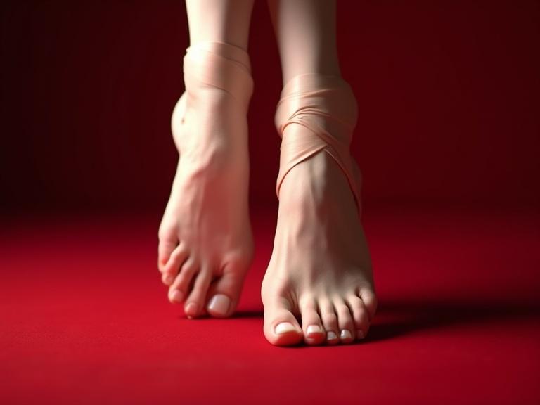 Close up view of two ballet feet. Soft and bare feet with visible soles. Ten red toenails neatly painted. The feet are posed in a ballet position. The background features a red carpet. The feet exhibit an arch.