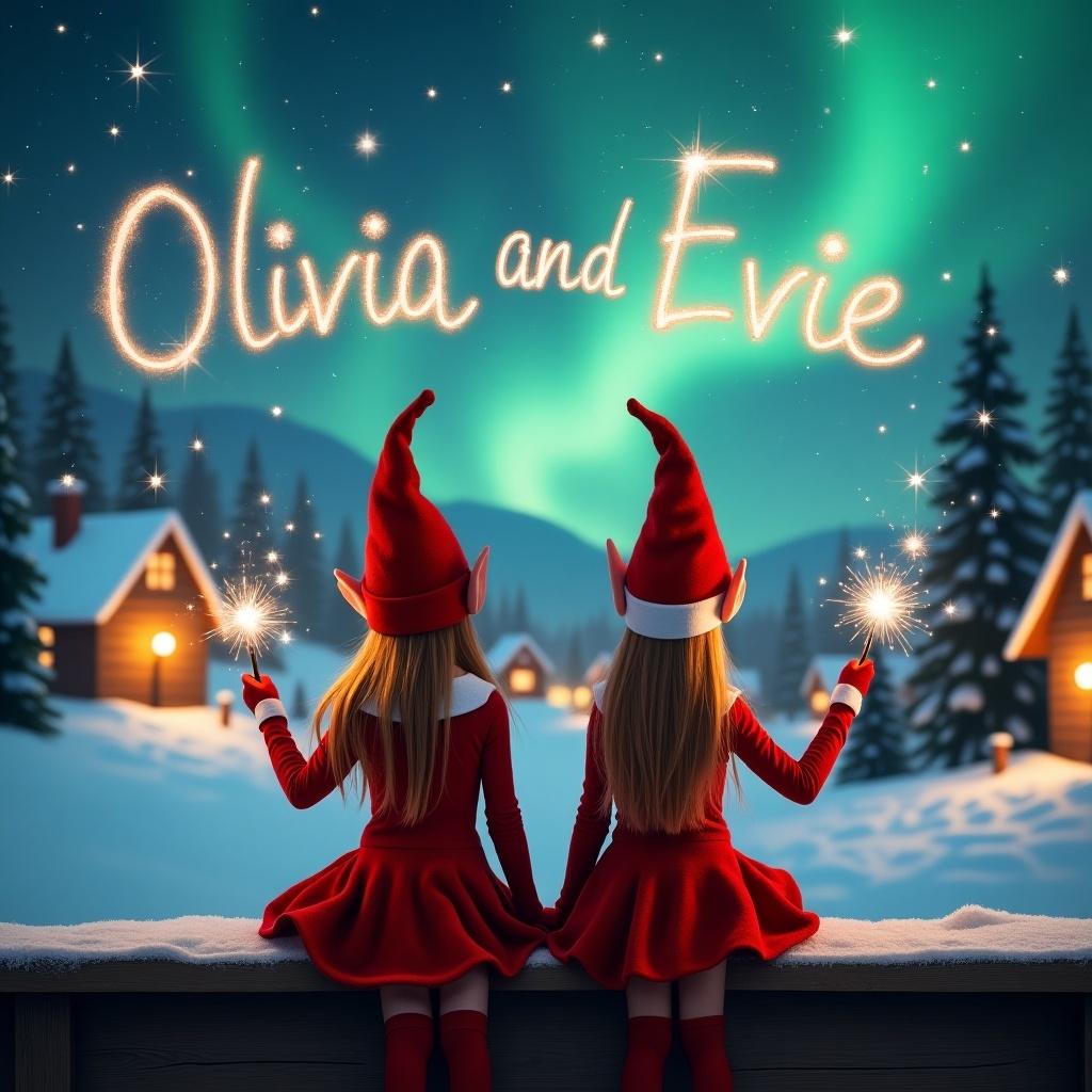 Two female elves sit on a wooden ledge. They gaze at a magical sky. Elves wear red outfits and pointed hats. Each holds a sparkling wand. The background shows a snowy landscape. Charming little houses and evergreen trees are visible. The Northern Lights shimmer in the sky. The elf writes names in the starry sky.