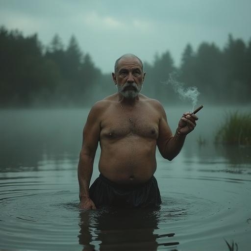 Isometric view of a stocky older man in murky water. He is topless, holding a cigar, staring at the sky. His brow is tense, with dirty water rippling around him. Steam rises from the cigar. The atmosphere is moody with grey clouds reflected in the water.