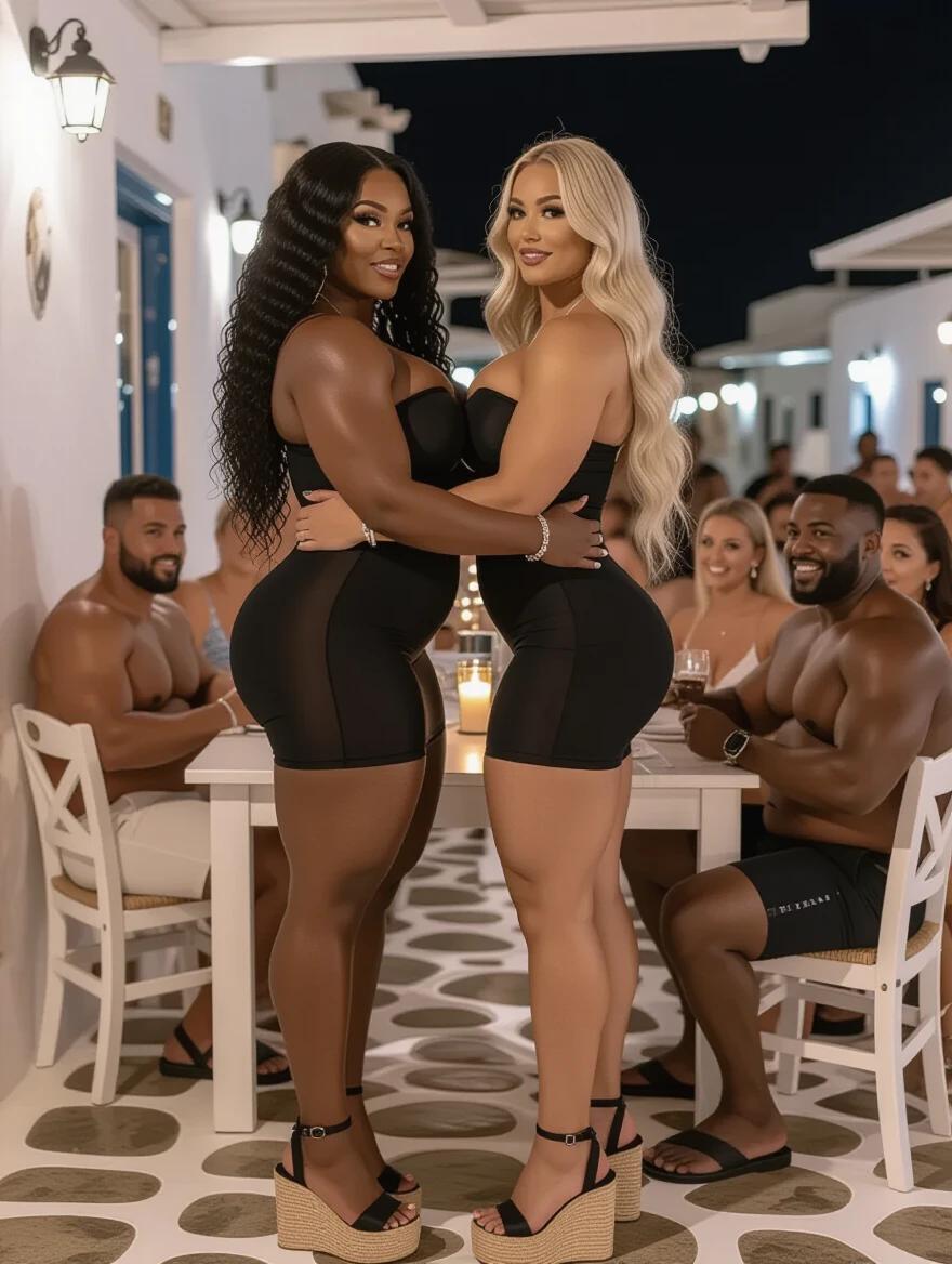 Two bodybuilder women embrace in Mykonos. They have distinctly different skin tones. Both wear black strapless bandage dresses. One has long curly black hair. The other has long wavy blonde hair. The setting is a lively tavern full of people at night.
