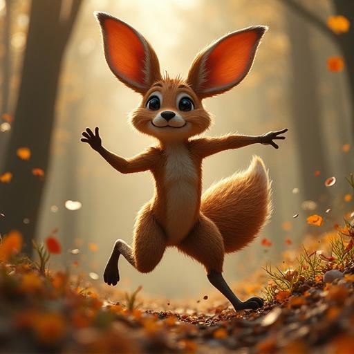 Image of a joyful cartoon rabbit in a forest. Rabbit has big ears and a fluffy tail. It's standing on its hind legs, appearing playful and lively. The setting includes autumn leaves and warm sunlight filtering through trees.