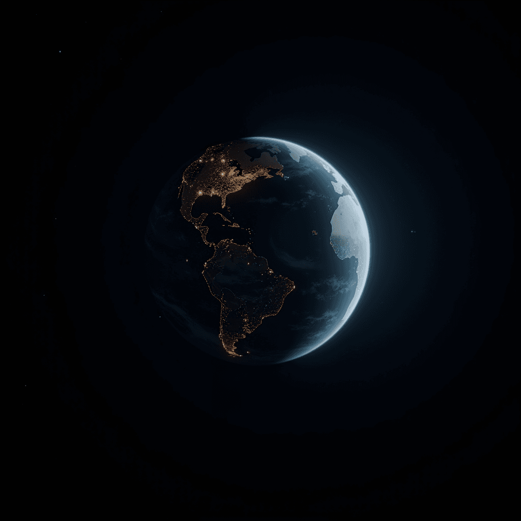 The image shows Earth from space at night, with city lights glowing on the continents.