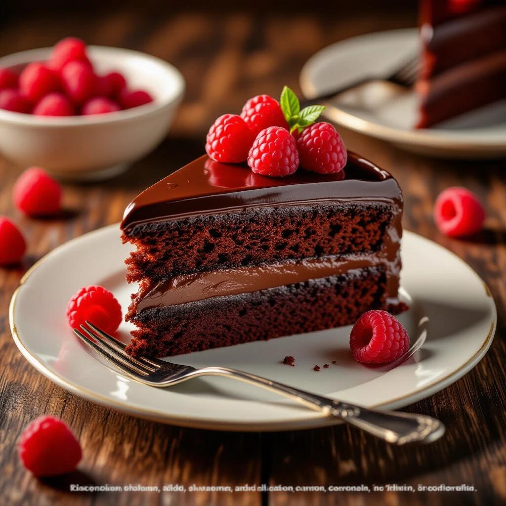 Professional food photography of a chocolate cake slice with glossy ganache and fresh raspberries. Warm golden hour lighting creates a cozy atmosphere. Captured with macro lens to highlight sponge cake texture. Silver fork beside the plate.