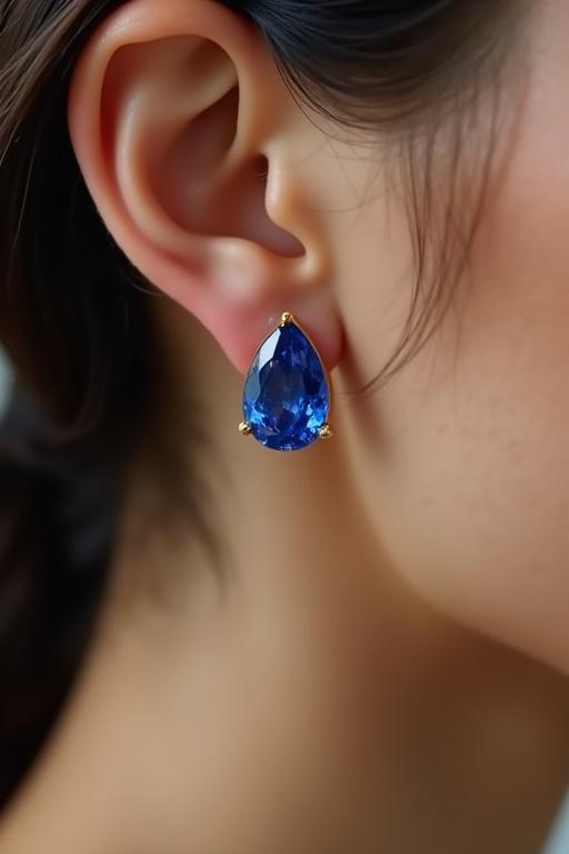 Sapphire earrings worn by a model in a close-up shot. Earring features a teardrop design with gold settings. Model poses with natural skin tones and soft lighting.
