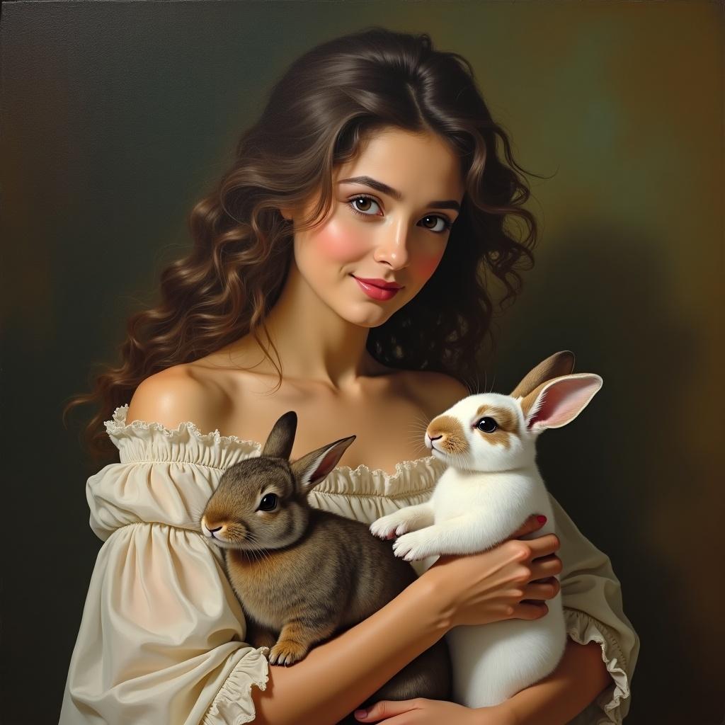 A painting shows a woman holding two rabbits. Style reflects romanticism. The medium is oil painting. The woman appears in soft light. The setting enhances the beauty of the painting. The rabbits are cute and realistic. The artwork conveys a sense of tenderness and connection with nature.