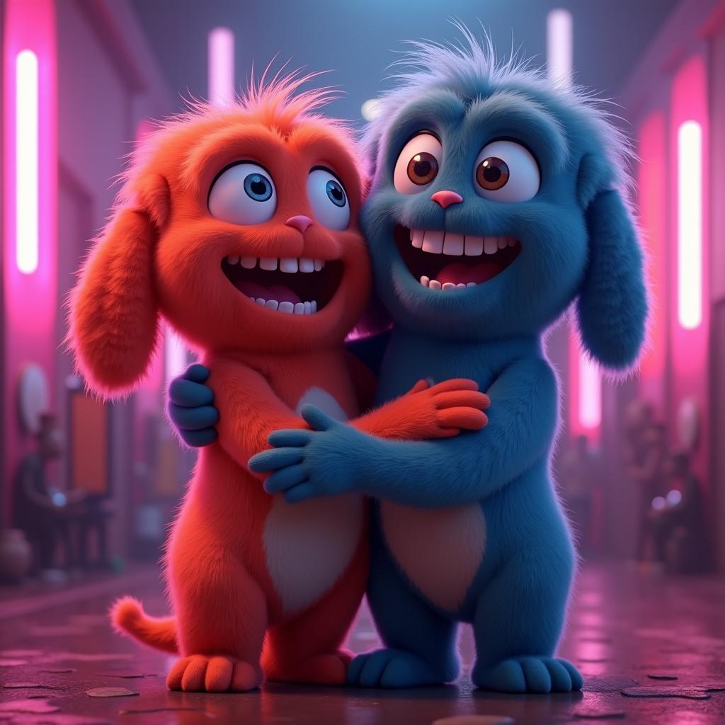 Animated characters of young figures hugging. Humorous scenario with vibrant colors and neon lights. Designed for meme coin marketing.