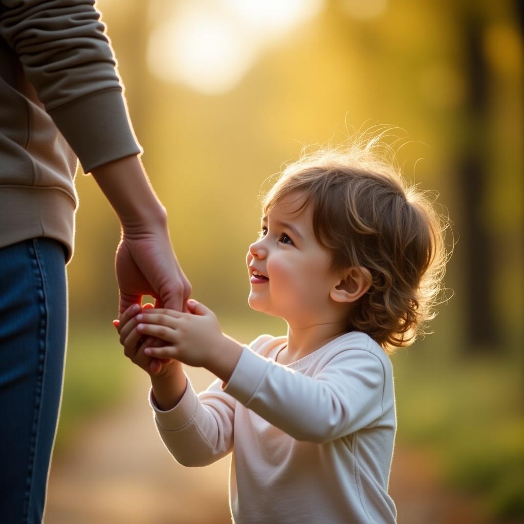 A child and an adult holding hands in a natural outdoor environment during sunset. Warm colors and soft lighting create an intimate atmosphere. The focus is on the affectionate gesture and connection between them.