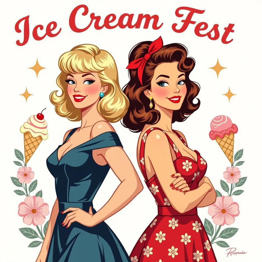 Two elegant women stand back-to-back. First woman has blonde wavy hair in retro style. Second woman has brown hair styled in a casual high bun. Both women wear vintage clothing and have joyful expressions. Each holds an ice cream cone and makes a peace sign. "ICE CREAM FEST" text is above their heads in a groovy font.