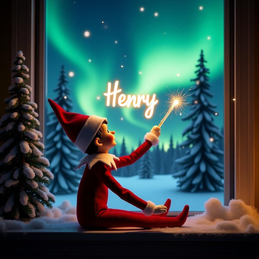 The image features an elf on the shelf sitting on a windowsill, gazing at the sky with wonder. He holds a wand to create magical sparks that form the name 'Henry' in glowing light. The background showcases a breathtaking Christmas scene, illuminated by vibrant northern lights. Snow-covered pine trees surround the setting, enhancing the holiday spirit. The elf is dressed in a traditional red outfit with white trim, capturing the essence of Christmas cheer.