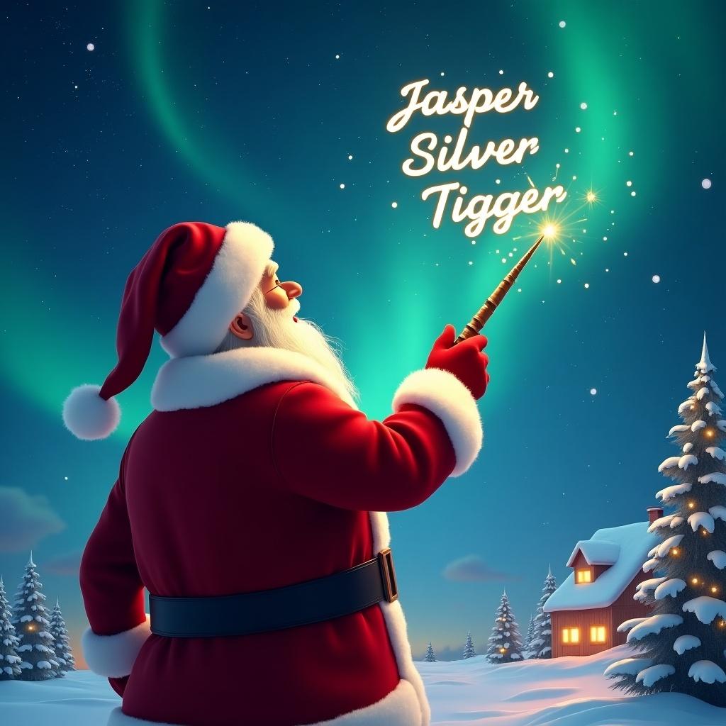 Santa facing the sky with a wand. Magical background with northern lights. Names Jasper, Silver, Tigger written in the sky. Elegant writing with a magic wand.