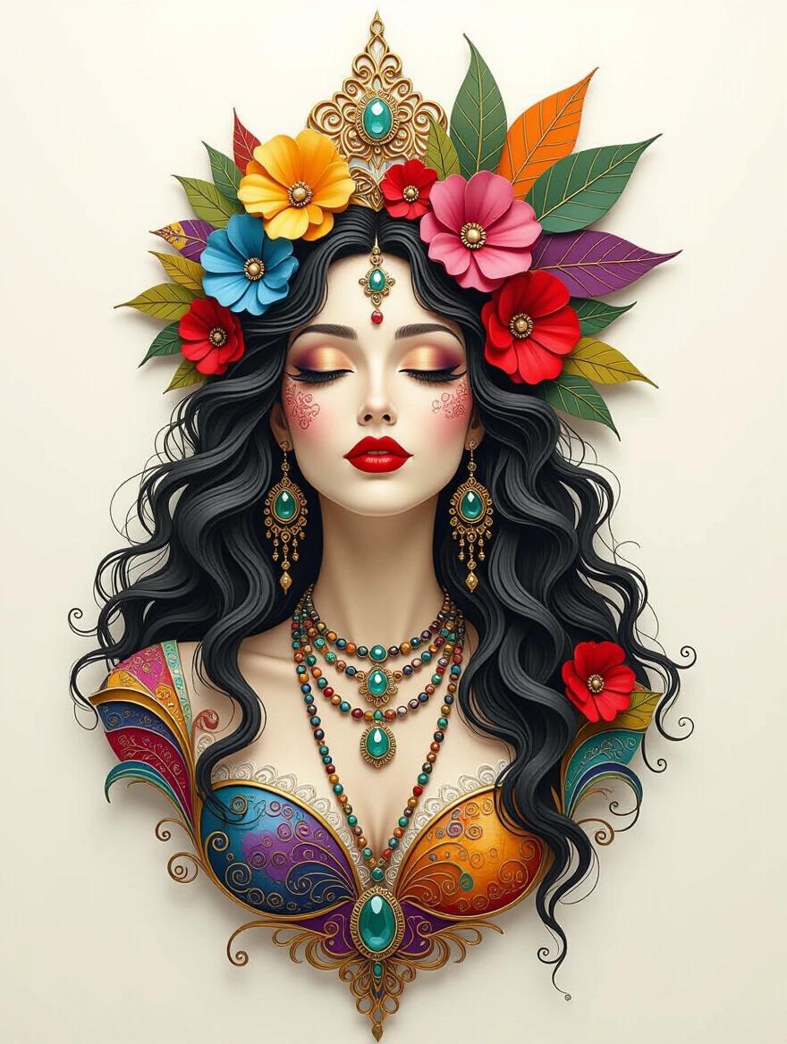 Detailed illustration of a gypsy woman with long flowing hair and flowers. She wears ornate jewelry and a colorful outfit. The artwork features mixed media styles and vibrant colors.