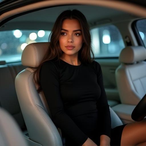 A young woman seated in the driver's seat of a car. She has long, dark brown hair and a slim build. The woman is wearing a black long-sleeved dress. Her facial expression is neutral with a slight smile. The car interior is gray and white leather. The background shows a blurred city scene at night. The lighting is bright and natural. The woman is positioned centrally, facing slightly left, with a simple composition focused on her.