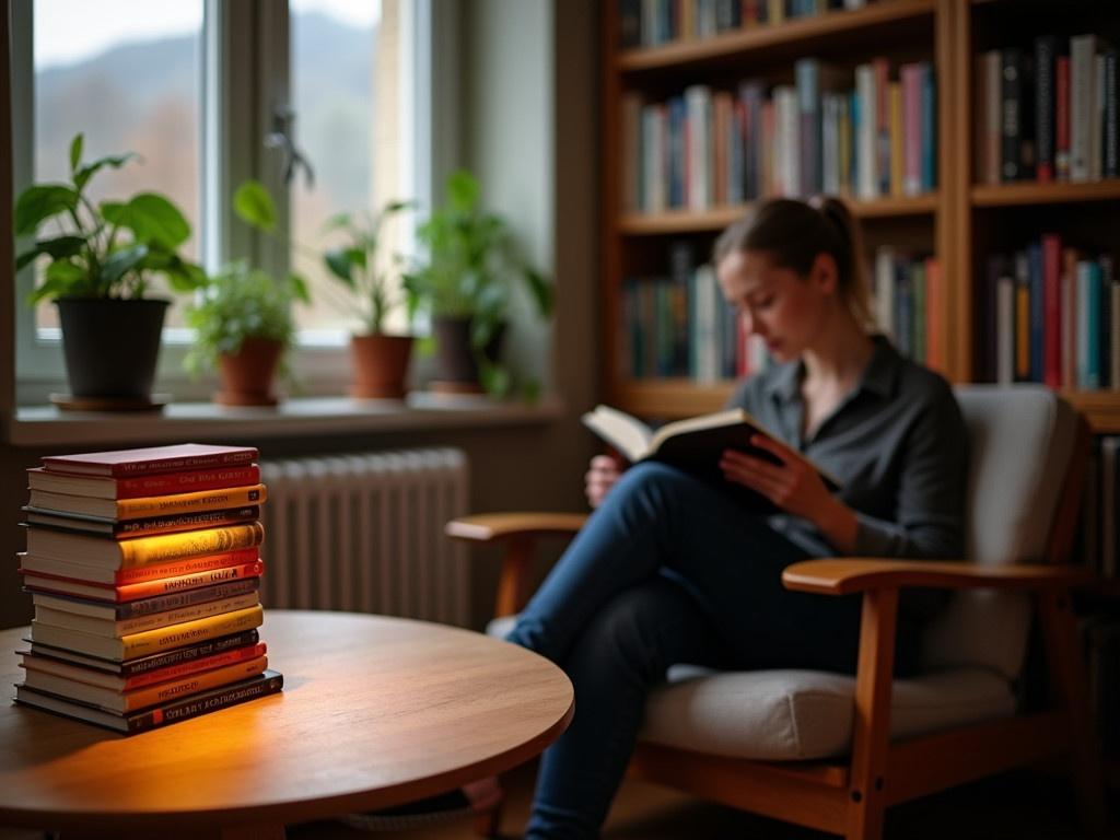 The image depicts a cozy reading nook with soft lighting. A unique lamp made of stacked books sits on a wooden table, casting a warm glow. In the background, a person is seated comfortably on a wooden chair, engrossed in a book. The environment features a bookshelf filled with neatly arranged books of various colors and sizes. The room has a relaxed ambiance, perfect for reading, with plants placed on the window sill and a radiator visible alongside the window.