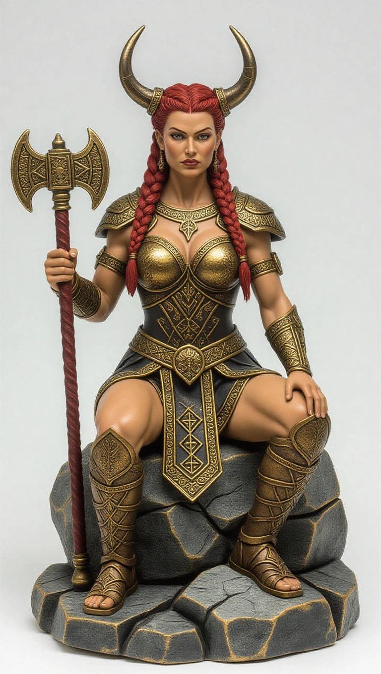 Resin sculpture of a powerful Viking goddess. Muscular woman with tanned skin and dark red hair tied in braids. Wears golden Viking armor. Sits on a rock in a stoic pose. Leaning on a mace. Projects authority. Serious and confident expression. Base features cracked rocks.